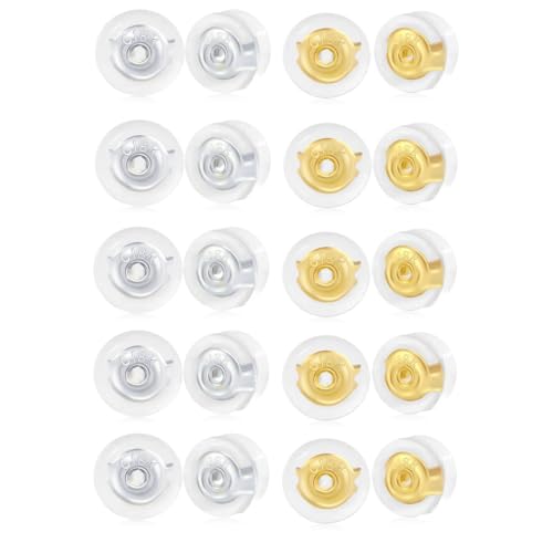 JYNXOR 20 pcs cierres seguros de silicona para pendientes, soportes de silicona para pendientes, tapones para los oídos, postes para pendientes, repuestos hipoalergénicos para pendientes, Plata + Oro