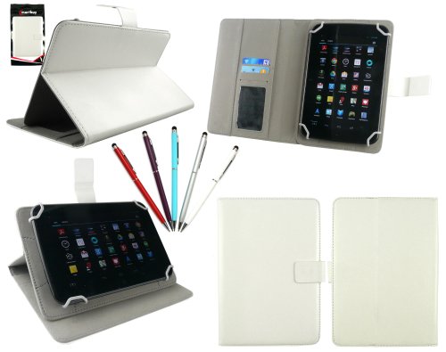 Emartbuy® Bundle of 5 Dual Function Stylus + Universal Range White Multi Angle Executive Folio Wallet Case Cover With Card Slots Suitable for TrekStor SurfTab ventos 7.0 HD Tablet