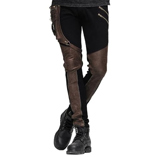 D.F Steampunk Vintage Skinny Jeans Men Heavy Metal Patches Jeans with Pocket Punk Clothes Pants Black/Brown