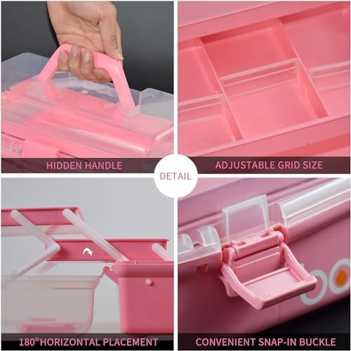30cm Three-Layer Multipurpose Storage Box Organizer Folding Tool Box/Art & Crafts Case/Sewing Supplies Organizer/Medicine Box/Family First Aid Box with 2 Trays (Pink) - 5
