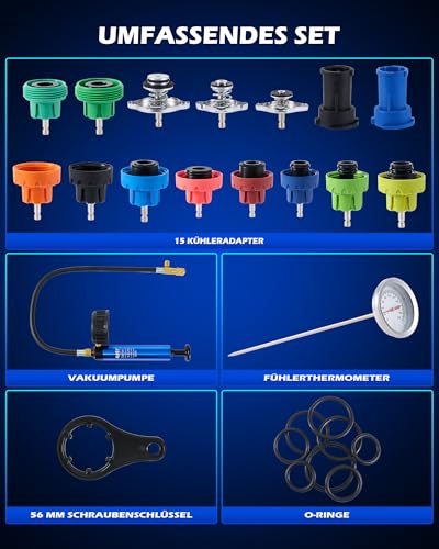Orion Motor Tech 19tlg Kühlsystem Abdrückgerät Kühlsystemtester Kühler Abdrückgerät, farbkodiert, Kühlmittel Testkoffer zum Prüfen von Kühlsystemen