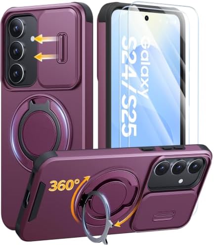 AOUIA für Samsung Galaxy S24/S25 5G Hülle mit 2 Stück Panzerglas, Kameraschutz, Ringständer 360°, Militärstandard Stoßfest Handyhülle für Samsung S24/S25, Dunkelviolett
