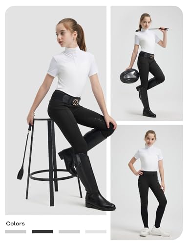 Image of FitsT4 Sports Girls Horse Riding Pants Full Seat Silicone Girls Equestrian Pants Stretchy Kids Breeches Riding Tights Pockets