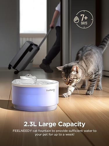 FEELNEEDY 2,3L Poidła Fontanny dla Kotów z 3 Filtrów, Bardzo Cicha Poidła Fontanny dla Kotów, Wbudowane Światło LED (FN-W04-Biały)