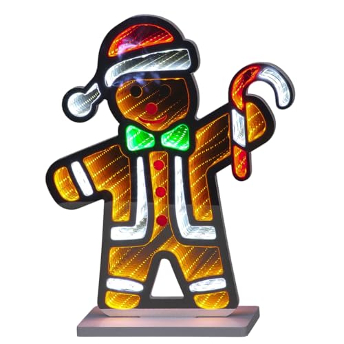 Image of YöL 40cm Infinity Gingerbread Man – Orange, White, Green & Red LED Light Up Christmas Decoration – Indoor Only Infinity Mirror Tree with Colourful Baubles Festive Home Décor