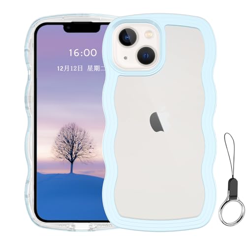 iPhone 13mini ケース クリア ウェーブ アイフォン 13mini TPU波状フレーム うねうね アイフォン13mini 滑り止め スマホケースウェーブ デザイン 手にフィット 韓国 可愛い 女性用 女子向け 透明 ケースカバー 人気 落下防止 耐衝撃 ストラップホール付き アイフォン13mini なみなみ ワイヤレス充電対応(iPhone 13mini-ブルー)
