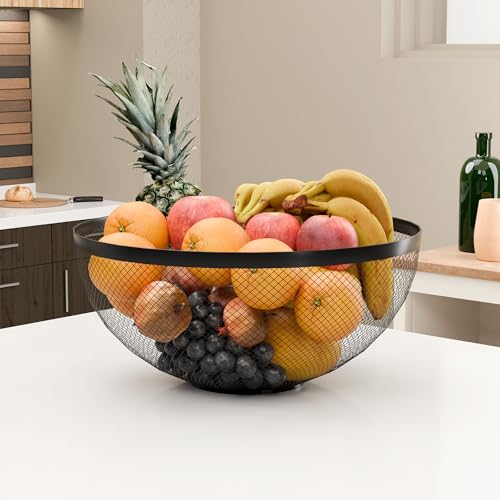 Image of Kuber Industries Metal Fruits & Vegetables Basket Bowl | Veggie Baskets for Dining Table Accessories | Storage Bowls for Decorative Pantry, Home & Kitchen Multi-Purpose Use - Black 27x27x13 cm