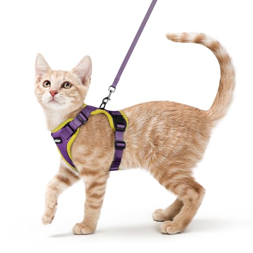 rabbitgoo Cat Harness and Leash for Walking, Escape Proof Soft Adjustable Vest Harnesses for Cats, Easy Control Breathable Reflective Strips Jacket, Purple&Yellow,XS