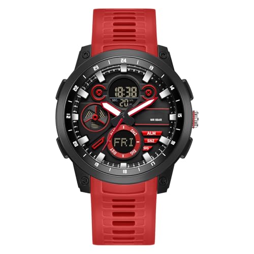 findtime Reloj digital táctico militar para hombre, resistente al agua, 5 ATM, reloj deportivo analógico con 12/24 horas, retroiluminación LED, alarma, cronómetro, cuenta regresiva, rosso, Correa
