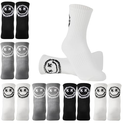 Utensilsto 6 Paar Socken Jungen 30-34 Tennissocken Kinder Sportsocken Smile Kindersocken für Jungen Mädchen, Baumwolle Crew Socks schwarz, weiß, grau