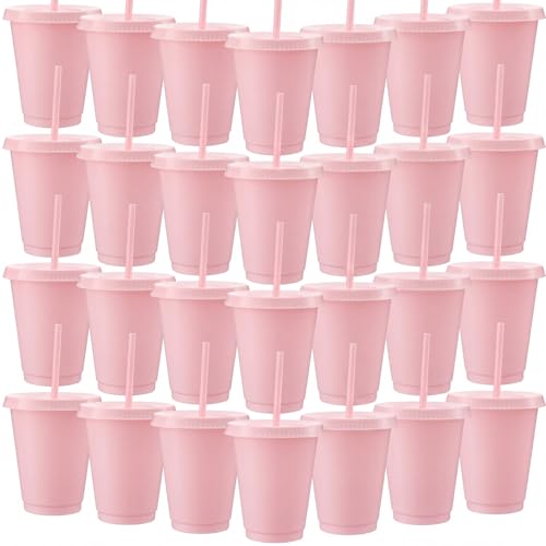 Sieral 30 Pack Reusable Plastic Cups with Lids Straws,Light Pink