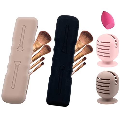 Suporte de pincel de maquiagem para viagem + estojo integrado de esponja de maquiagem pacote com 4, bolsa organizadora de maquiagem, bolsa cosmética, portátil, antipoeira, silicone, lavável, suporte para liquidificador de beleza (Ecáqui + preto)