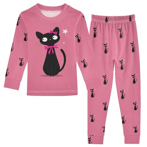 Fustylead Cute Black Cats with Pink Bows Cotton Pajamas Set 2 Piece Long Sleeve Pjs Sleepwear