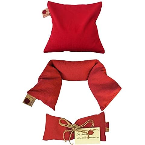 Cherry Pit Pillow Gift Set-Red Denim 3-Pack: Square, Eye Pillow, Neck Wrap, Hot/Cold Therapy, Hot Cherry Stones Heating Pad, Microwavable/Freezable/Washable, Pain/Muscle/Arthritis Relief, FSA/HSA Cover