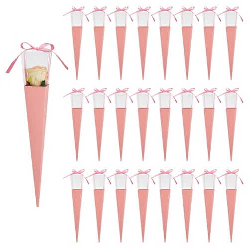 DICOSMETIC 24Pcs Single Rose Sleeves Pink Flower Bags Floral Wrapping Bags Triangle Paper Bouquet Bags Florist Packaging Supplies DIY Flower Gift for Flower Shop Bouquets Packaging