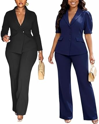 Kafiloe 2 Pack Womens Professional Pants Suit Set - Black XL & Navy Blue XL