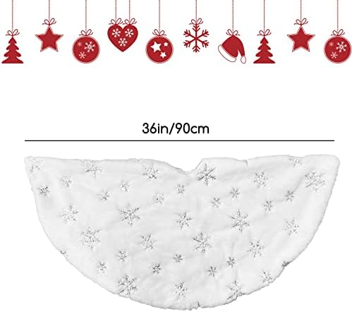Christmas Tree Skirts, Jsdoin 36 Inch White Plush Double Layers Tree Skirt with Silver Snowflake Printed, Xmas Tree Base Cover for Christmas New Year Home Decoration(90cm)