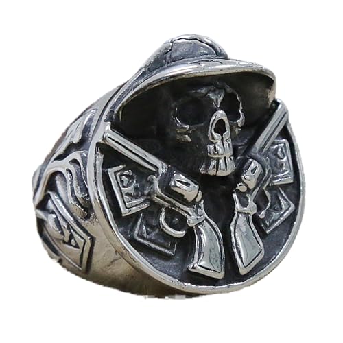 Vintage Cowboy Double Gun Skull Ring Men's Stainless Steel Punk Skull Ring Cool Male Hip Hop Biker Rings Jewelry Accessories