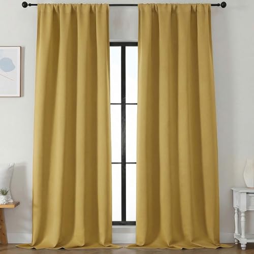 Image of Simplebrand Blackout Extra 10ft Curtains for Patio 120 Inches Long 2 Panels Set, Solid Thermal Insulated Energy Saving Rod Pocket Window Treatment Curtains Blackout Drapes, 50 inch Wx120 L, Bright Gold