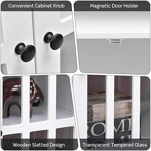CASART Storage Cabinet, Floor Standing Cupboard with Double Glass Door, Wooden Nordic Sideboard Display Buffet Cabinet for Bathroom, Dining Room and Entryway (White)