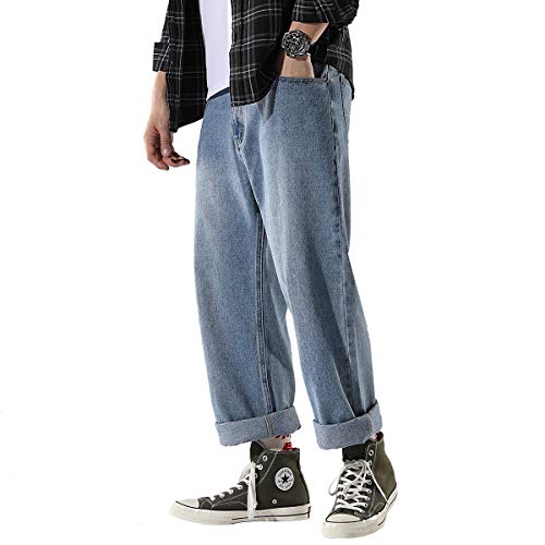 Doslavida Men's Work Jeans Casual Hip Hop Cargo Solid Color Loose Fit Straight Wide Leg Cotton Denim Pants With Zipper #TOP2