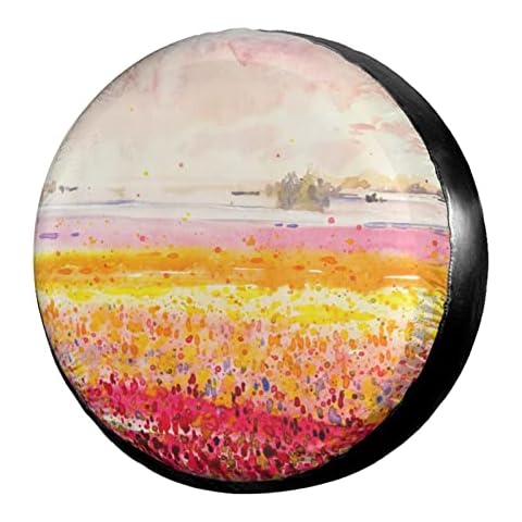 Spare Tire Cover Watercolor Flower Field Wheel Protective Cover Universal Wheel Tire Cover Waterproof 15 Inch Wheel Cover for Car UV SUV Vehicle Truck Cover