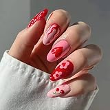Almond Press on Nails Short Pink Fake Nail With Heart Design Glossy Flower Flame Stick on Nails Arti