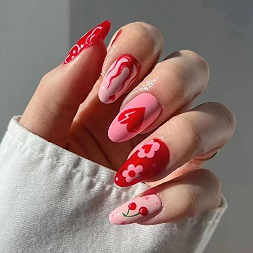 Almond Press On Nails Short Pink Fake Nail With Heart Design Glossy Flower Flame Stick On Nails Artificial Acrylic Full Cover False Nails Glue On Nails For Women #TOP1