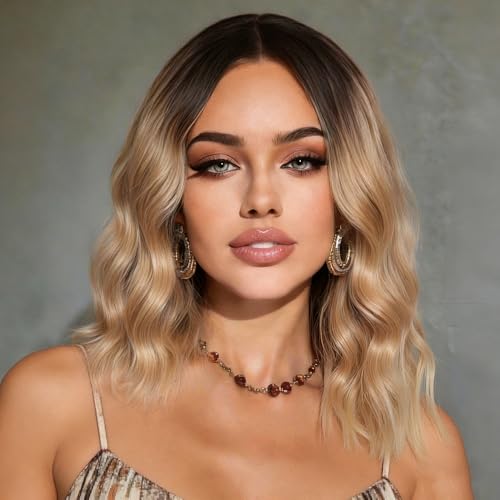 Uioxvn Short Wavy Bob Wig Synthetic Natural Lace Hairline High