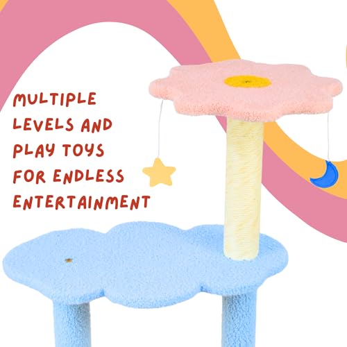 Image of Luna Cat Tree Star and Moon and Cloud with 4 Perches - Cute Multi-Level Cat Tower with Scratching Posts, Hanging Ball Toy - Colorful Cat Furniture for Indoor Cats, Kittens & Small Pets