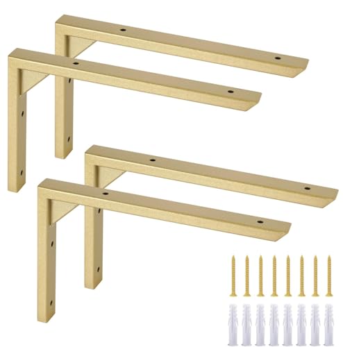 Ouvin Supports d'étagère très résistants de 25,4 cm, lot de 4, supports muraux en or en fer pour étagères, supports triangulaires robustes avec vis pour cuisine,...