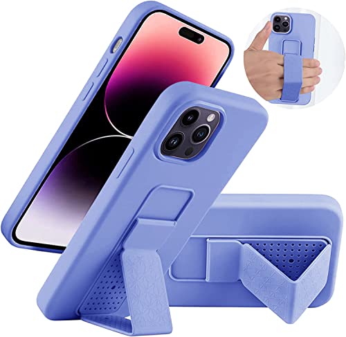 LAUDTEC Silicone Kickstand Case Compatible with iPhone 14 Pro, Vertical and Horizontal Stand Hand Strap Metal Kickstand Cover, Flexible Soft Liquid Silicone Stand Case for iPhone 14 Pro (Purple)