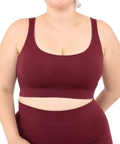 LEELA LAB Brassière Femme Côtelé Grande Taille, Soutien Gorge de Sport en Microfibre Douce, Realisé avec Technologie Seamless sans Couture - Made in Italy (Bordeaux, XXL) Cover