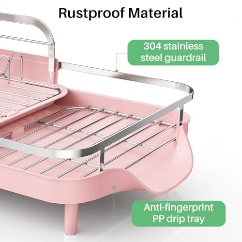 Image of SAYZH Dish Drying Rack - Expandable Dish Rack for Kitchen Counter, Rust-Resistant Dish Drainer with Utensil Holder and Raised Guardrail, Kitchen Organizer for Cup and Bottle (Pink)