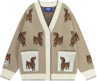 Aelfric Eden Damen Strickjacke Herren Dackel Graphic Cardigan V-Ausschnitt Knopfleiste Open Front Sweater