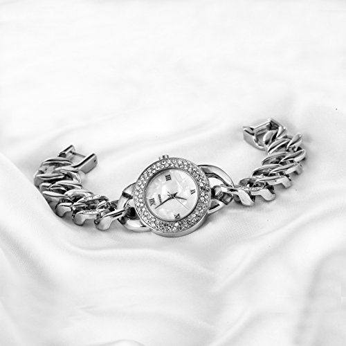 Time100 Women Stainless Steel Crystal-Accented Dress Diamond Shell Alloy Plating Stainless Analog Quartz Bracelet Watch #TOP4