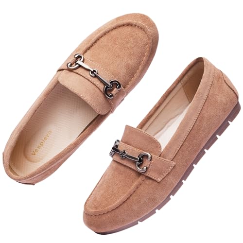 Vespiero Women's Loafers Comfortable Dressy Slip on Flats Penny Loafers for Women Office Work Walking Shoes with Buckles Suede Tan Size 9