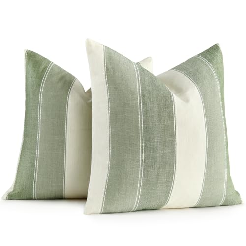 AmHoo Pack of 2 Farmhouse Stripe Check Throw Pillow Covers Set Case Cotton Linen Decorative Pillowcases Cushion Cover for Couch Bench Sofa 20x20 Inch Sage Green