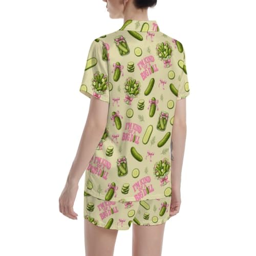 Image of Funny Pajamas for Women Set Print Satin Loungewear Pjs Short Sleeve Button Down Top and Shorts Sets Sleepwear XS-3XL