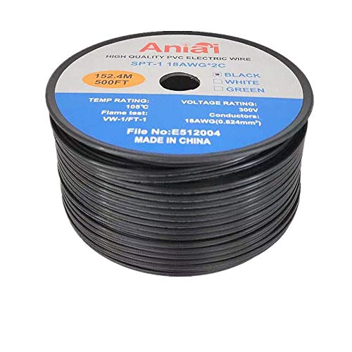 New Product Aniai Spool 18/2 16/2 SPT-1 SPT-2 Bulk Lamp Cord, 300-Volt 18-Gauge. 16-Gauge (500ft-SPT1-18AWG, Black)