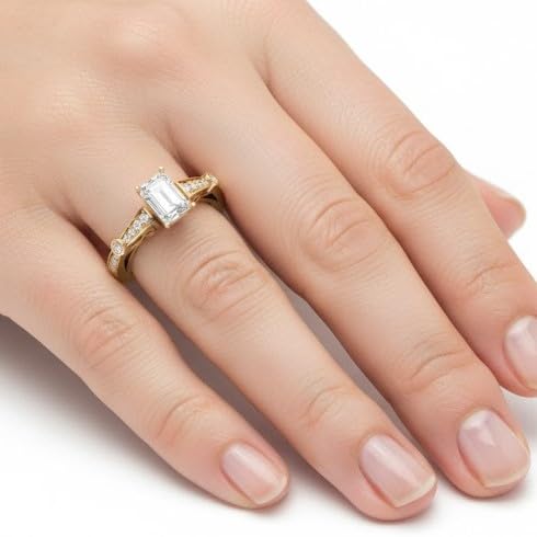 Image of 55Carat Choose Your Gemstone Tapered Vintage Engagement Ring Yellow Gold Plated Emerald Shape Vintage Engagement Rings Everyday Jewelry Wedding Jewelry Handmade Gifts for Wife US Size 4 to 12