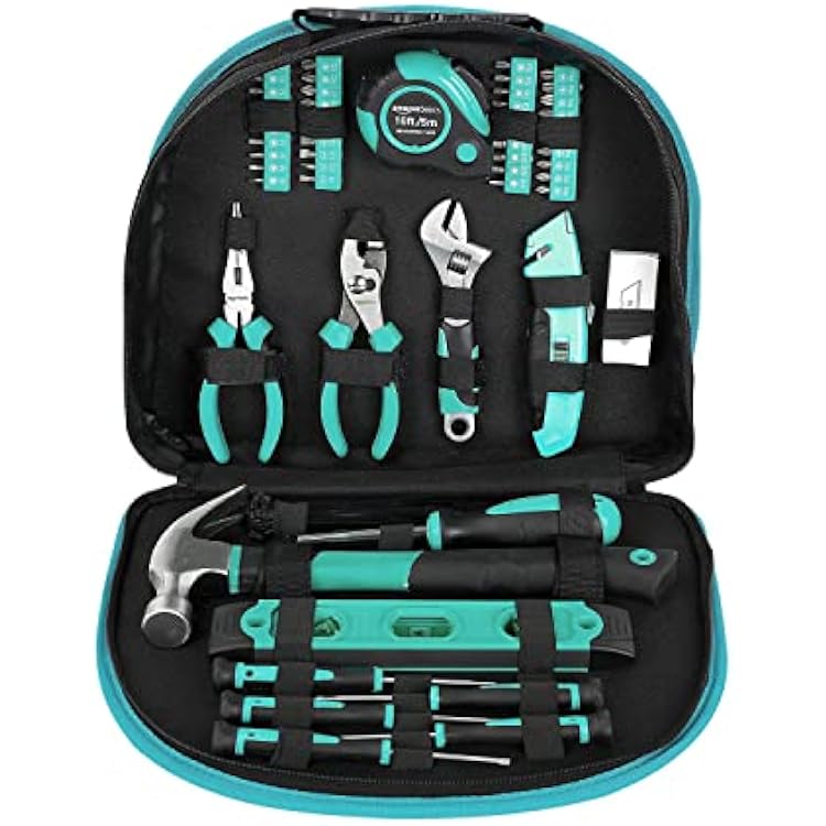 Amazon Basics 104-Piece Home Repair Household Tool Set with Easy Carrying Round Pouch, Portable Hand Tool Kit, Turquoise, 14.4 x 11.4 x 3 inches