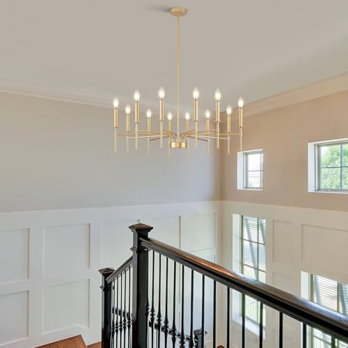 Pevfah Modern Farmhouse Gold Chandeliers for Dining Room Light Fixture, 12-Light Metal Candle Chandeliers Lighting for Foyer Living Room Staircase Entryway Bedroom by Pevfah - Used condition - Image 4