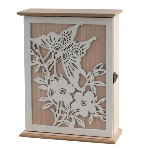 oupados Wooden Key Cabinet Flowers & Butterflies Wooden Key Cabinet with 6 Key Hooks Vintage White Key Tray Key Holder for Entrance, Hallway, Office Medium 28.5 x 22 x 7 cm