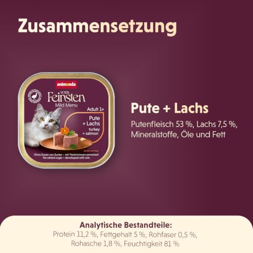 animonda vom Feinsten Mildes Menü Pute + Lachs (32 x 100g), getreidefreies Katzenfutter nass ohne Zucker, leicht verdauliches Katzenfutter mit Putenfleisch