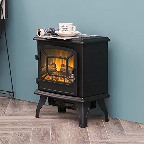 Festival Depot Freestanding Electric Fireplace 1400W Realistic Log Flame Stove Portable Space Heater FireBox Thermostat Control Office Home Living Room Apartment Use Steel Overheat Protect (17")