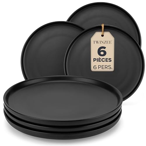 Twinzee - Set d' Assiettes Plates Gres Noir, 6 Pièces - Assiette Compatible au Micro-onde - Vaisselle et Arts de la Table - Collection Ebony