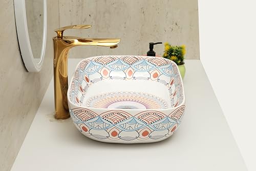 Image of Moroccan Design Ceramic Tabletop Wash Basin | Countertop Vessel Sink | Wash Basin over counter For Bathroom Hotel Home (18x13x5.5 Inch) (TORO 4014) (Moroccan Design 114)