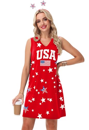 Image of Deerose Womens July 4th Sleeveless Dress American Flag Swim Cover Up Dress with Pockets