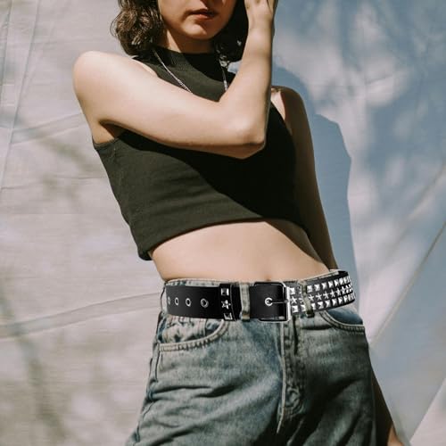 Manfnee Studded Belt Metal Punk Rock Rivet Belts Leather Gothic Belt for Jeans Pants Hip Hop Style4